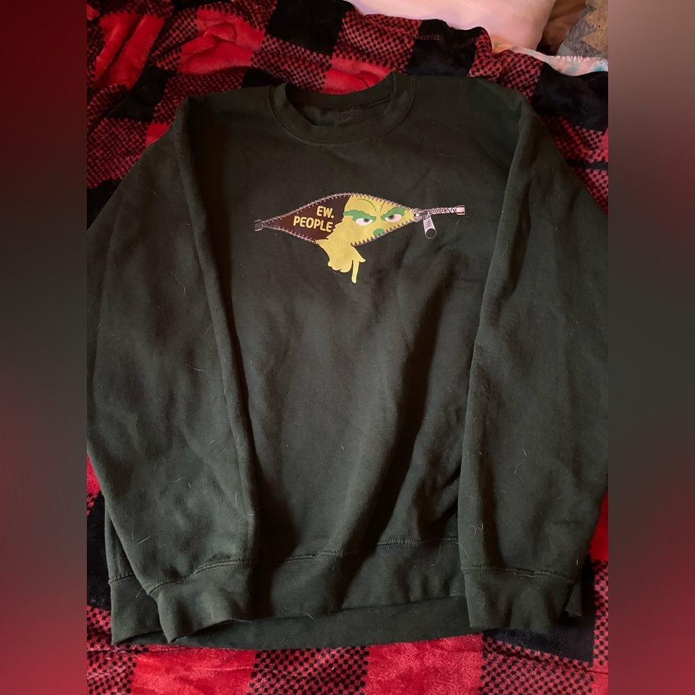 Dark Green Crewneck With “Ew. People” alongside a grinch